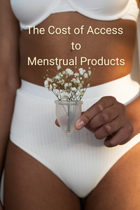 An image of a woman holding a menstrual cup with flowers inside behind a banner entitled "The Cost of Menstrual Products"